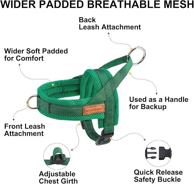 BEAUTYZOO Dog Harness Medium Sized and Leash Set, No Pull Step in Pet Vest | Breathable Mesh with Handle, Reflective, Adjustable No Choke Escape Proof, Lightweight, Easy Control for Walking, Green M - Image 2