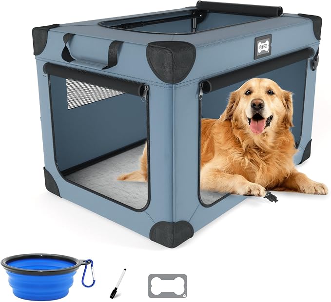 42 Inch Foldable Dog Travel Crate Blue with Sturdy Metal Frame | Chew-Proof Mesh Window,Soft Blanket and Foldable Bowl,Waterproof and Easy to Clean,Portable for Camping,Signature card by Unknown