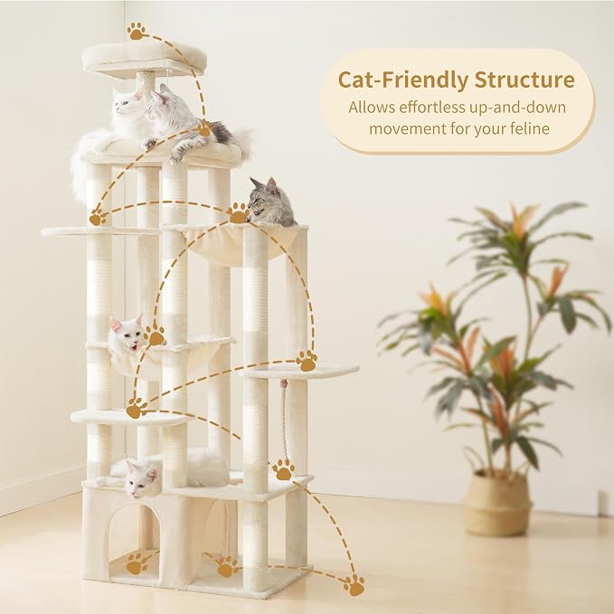 Heybly Cat Tree, 71-Inch Tall Cat Tower for Large Maine Coon Cats HCT03MG | Cat Condo Furniture with Extra-Large Baseboard, Multi-Level Platforms, 2 Hammocks and 12 Scratching Posts, Beige - Image 2