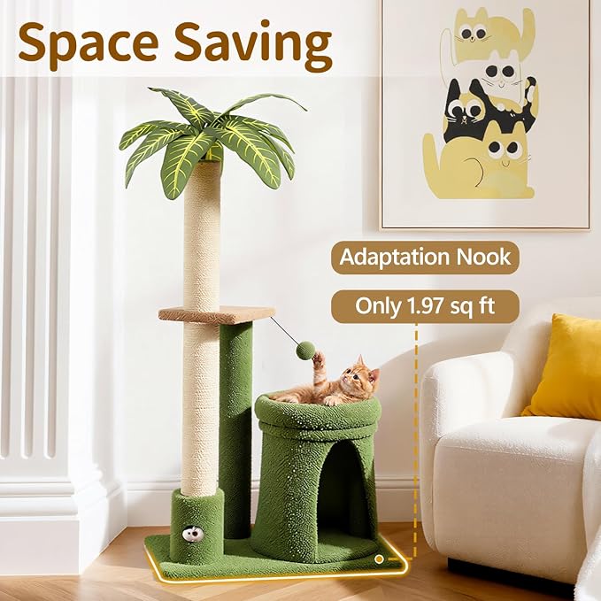 41" Cat Tree Tower Condo Scratch Post Stand for Indoor Small Cats | Palm Tree Compact Space Saving Scratch Post Stand with Cozy Bed, Great for Kitten Climbing, Scratching Playing & Resting - Image 4