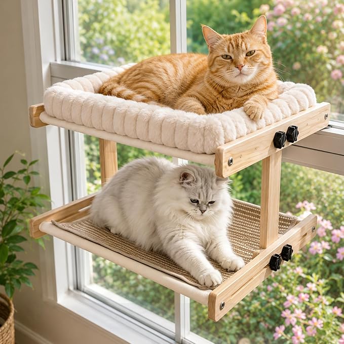 Teabelle Double Layer Cat Window Perch with 3 Interchangeable Mats | Bedside Sleeper, Adjustable Solid Wood Tree Cat Hammock for Small & Medium Breeds, Sturdy Window Bed(Plush, Sisal, Canvas) by Teabelle