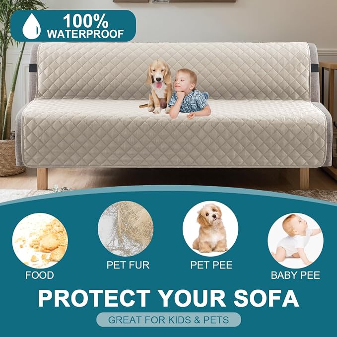 Turquoize 100% Waterproof Futon Cover Futon Slipcover Washable Armless Sofa Bed Slipcover Protector Seat Width Up to 70" with Adjustable Elastic Strap Anti-Slip for Dogs, Pale Oak - Image 2