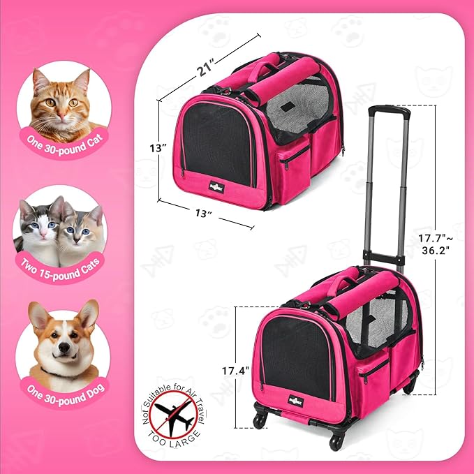 Large Pet Carrier with Wheels, Foldable Rolling Dog Carrier with Big Pocket, Cat Rolling Bag 21"x13"x13" for 2 Cats &Dogs, for Travel, Outdoor, Vet Visits, Camping, Indoor.Pink. (Not for Airline) - Image 2