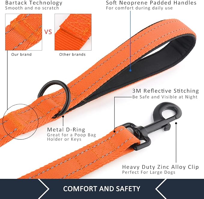 Plutus Pet Double Handle Dog Leash, 4 FT Long, for Medium Large Dogs | Reflective Nylon, Soft Padded 2 Handles, Heavy Duty for Training, Dual Handle Lead, 4 FT x 1”, Orange - Image 4