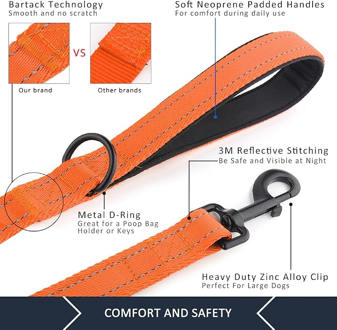 Plutus Pet Double Handle Dog Leash, 6 FT Long, for Medium Large Dogs | Reflective Nylon, Soft Padded 2 Handles, Heavy Duty for Training, Dual Handle Lead, 6 FT x 1”, Orange - Image 4