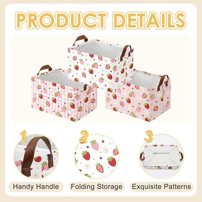 Britimes Strawberry Storage Baskets for Gifts, Toy Storage Bins Box, 3 Pcs | Cute Strawberry Canvas Collapsible Baskets Organizer with Handles Pink Nursery Decor Laundry Basket for Shelves Closet - Image 4
