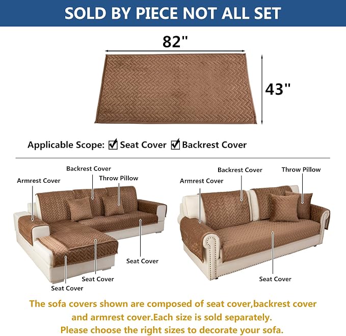 Eismodra Couch Cover,Sectional Couch Covers,Sofa Covers for 3 Cushion Couch,Anti-Slip Sofa Slipcovers for Dogs Cats Kids Loveseat Recliner L Shaped Armrest Backrest,Brown 43''x82''(Only 1 Piece) - Image 5