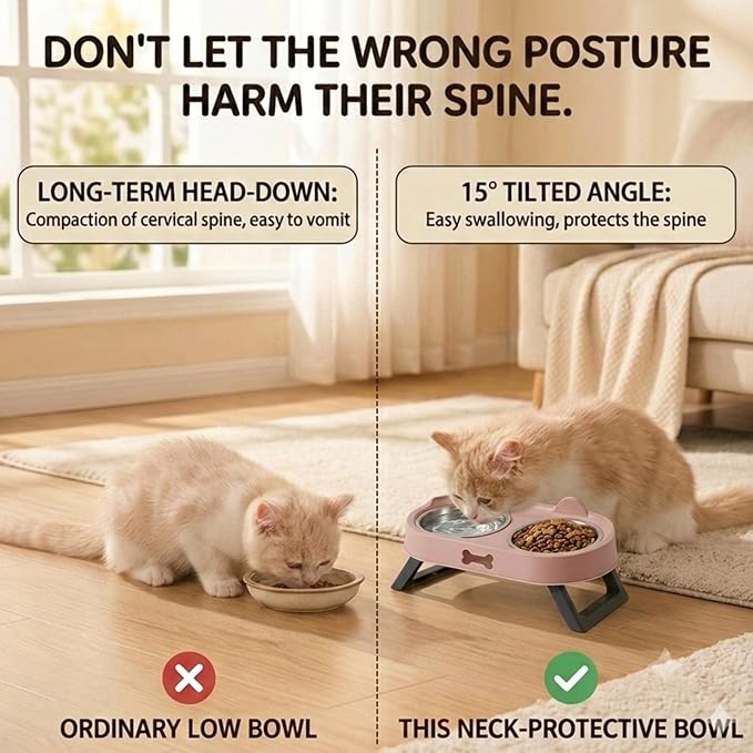Elevated Cat Bowls with Foldable Stand, Anti Vomiting Raised Cat Food and Water Bowl Set, 2 Stainless Steel Dishes for Cats and Puppies, Splash Proof Non-Slip Neck Protection Pet Feeder (Pink) - Image 5