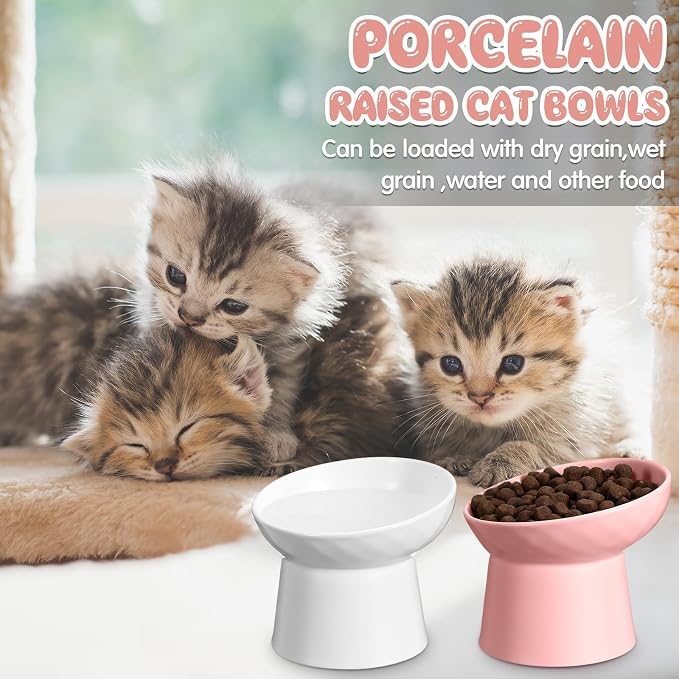 4 Pcs Ceramic Raised Cat Bowls, Elevated Tilted Cat Bowl for Food Water, Stress Free, Backflow Prevention, Dishwasher Microwave Safe, Feeder Dish for Indoor Kitten, Small Dogs(White and Pink) - Image 6