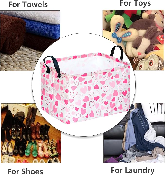 MAIZMZ Girls Gift Basket Heart Print Storage Cube for Women, Closet Shelf Organizer Bins Empty Gift Basket with Handles Nursery hamper Kids Toys Books Box Room Deco - Image 6