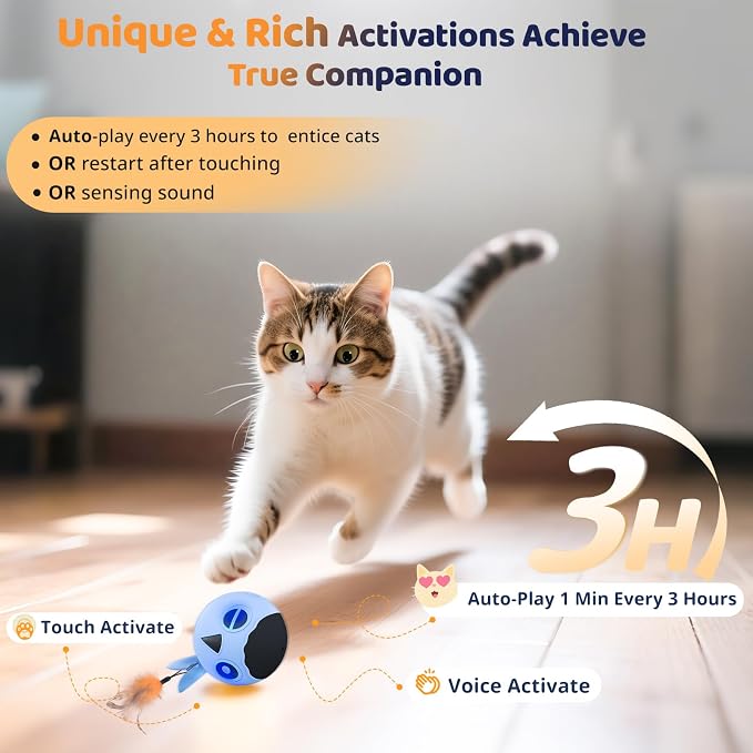 Cat Toys Ball, Smart Motion Sensor Moving Ball with 4 Sounds& 3 Speed Modes | Interactive Automatic Cat Toy for Indoor Cats,Fast Rolling Motion Activated Chirping Stimulating Light, 2 Feather Refill - Image 2