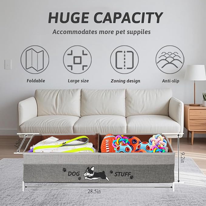 Large Dog Toy Basket with Handles, 28.5" Collapsible Multi-Purpose Hard Board Dog Toy box, Clothes, Cute for Living Room Area (Gray,Coffee) - Image 2