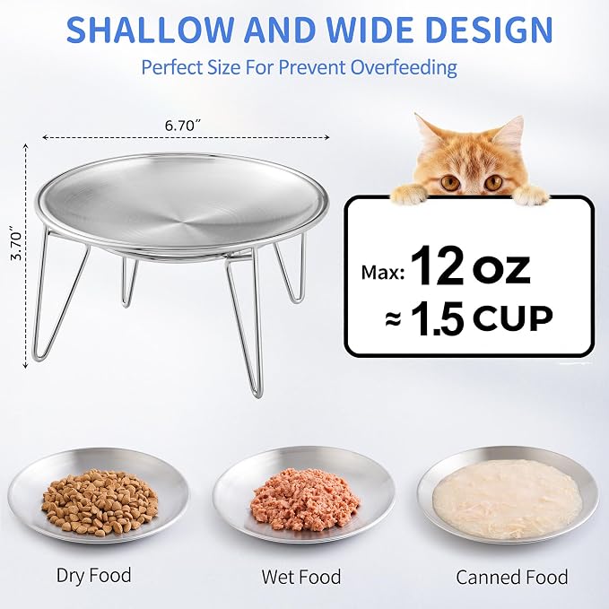 WROSWT Elevated Cat Bowls, 304 Stainless Steel Raised Cat Dishes, Extra Wide Shallow Cat Bowl for Whisker Fatigue Relief & Flat-Faced Breeds, Anti-Vomiting Kitten Feeder with Detachable Stands, 2 Set - Image 5