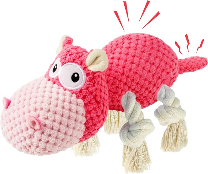 TOOPTATE Hippo Squeaky Dog Toy, Pink, Medium | Cute Plush Design, Rope Legs for Tugging, Helps Keep Dogs Busy, Suitable for Small, Medium, and Large Dogs by TOOPTATE