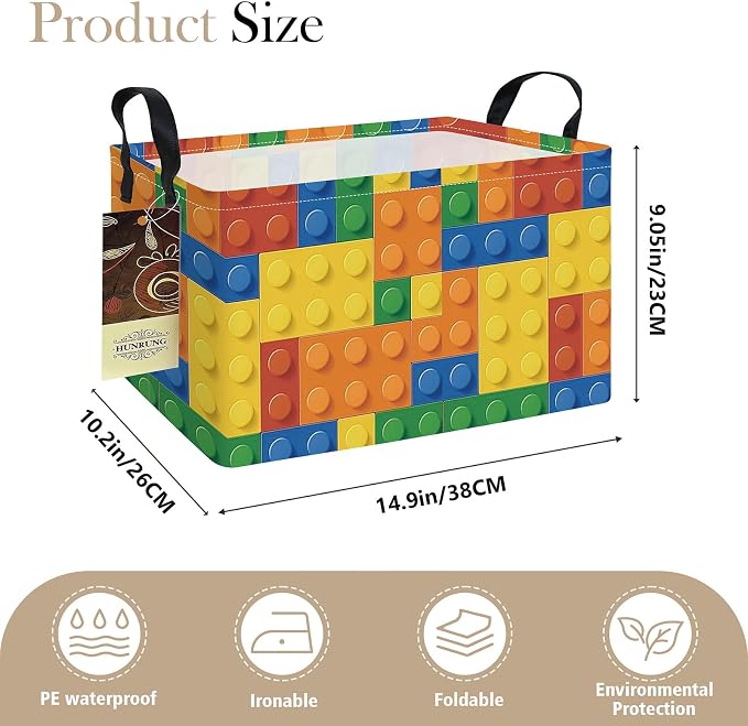 Rectangle Foldable Storage Basket Handles For Home, Colorful Blocks | Waterproof canvas material, reinforced handles, perfect for shelf use, organizes clothes, daily items and pet supplies - Image 2