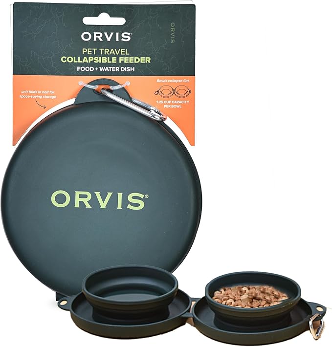 Orvis Pet Travel Collapsible Feeder with Food + Water Dish, 2-in-1, BPA Free, Food-Grade Silicone | Space-Saving Pet Travel Bowls, Nonslip Bottom + Carabiner Clip by Orvis