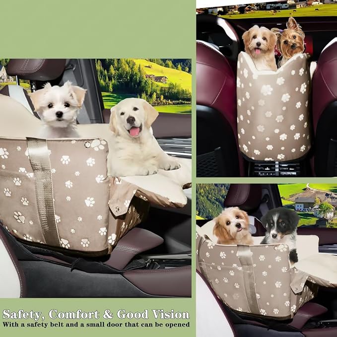 Dog Center Console Car Seat Up to 21 lbs, Khaki | Memory Foam Pet Booster Seat Portable Medium Dog Armrest Booster With Soft Cushion Safety Belt - Image 3