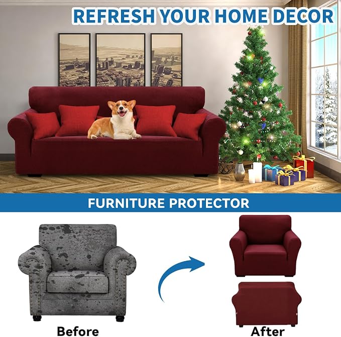 XINEAGE Stretch Jacquard Armchair Cover, Non Slip Sofa Slipcover for Dog | High-Stretch Fabric. Wear-Resistant, Pet Friendly. Easy Install & Washable for Living Rooms, Offices.Wine Red - Image 4