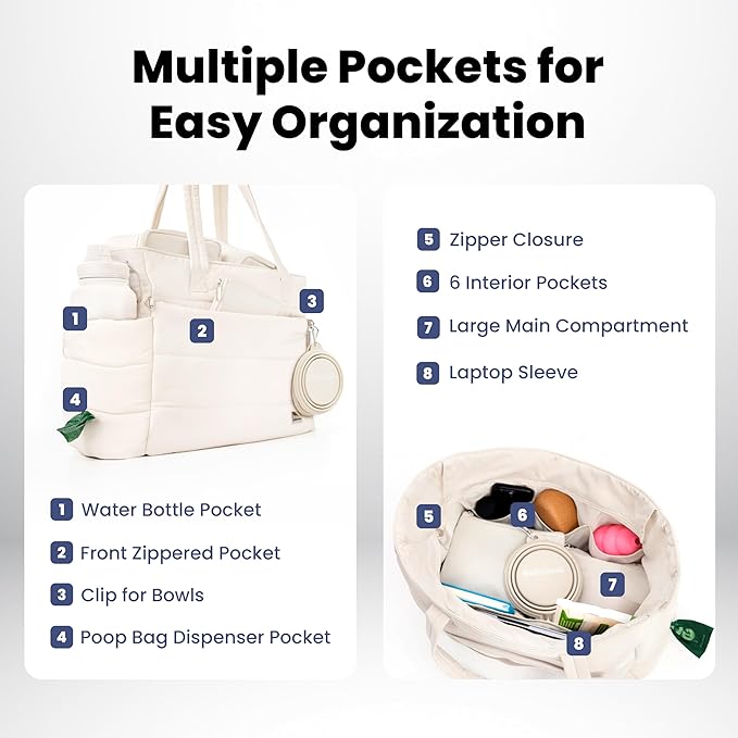 Rubyloo Puffer Dog Travel Bag for Dog Moms, Diaper Bag with Travel Bowls | 2 BPA-Free Collapsible Bowls, 2 Pet Food Containers, 9 Pockets, Everyday Puffer Bag Works With or Without Your Dog, Beige - Image 4