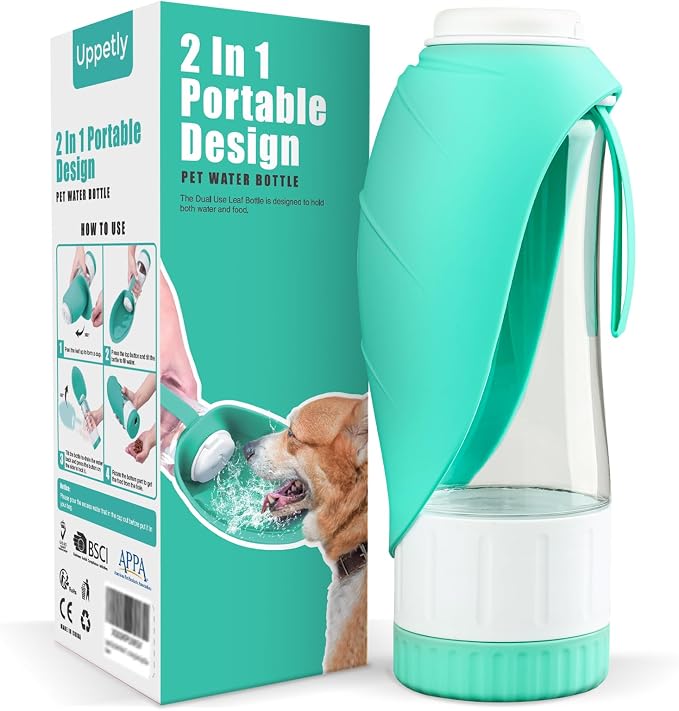 Uppetly Dog Water Bottle, Pet Water Bottle with Food Container and Drinking Feeder, Leak Proof, BPA-Free, Portable Foldable Puppy Water Cup Dispenser for Outdoor Walking, Travel, Large Light Blue by Uppetly