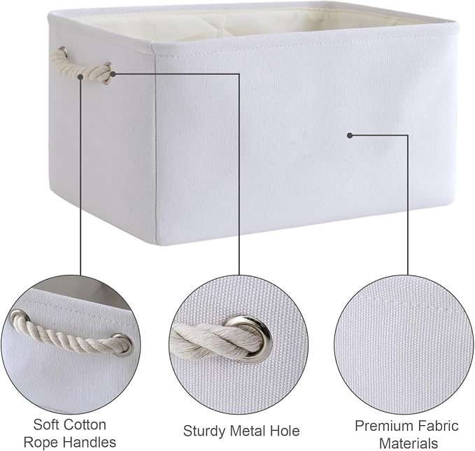 TheWarmHome Decorative Basket for Organizing - Medium-1Pack 13.8L*9.8W*6.7H Rectangular Fabric Storage Bin Organizer Basket with Handles for Clothes (White) - Image 6