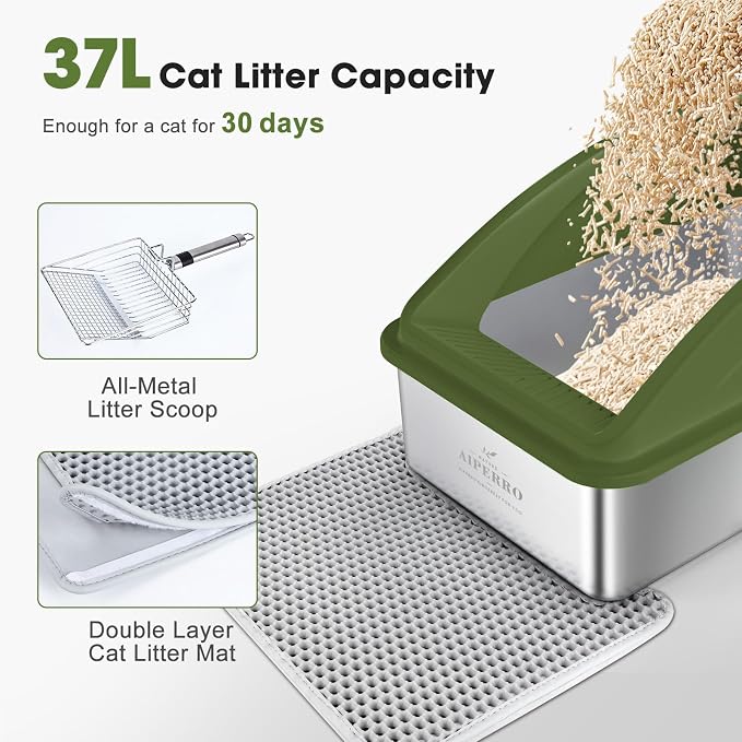 AIPERRO Stainless Steel Litter Box | XL Enclosed Metal Cat Litter Boxes | High Sided with Lid for Big Cats | Anti-Urine Leakage | Non-Stick Bottom & Includes Litter Mat & Metal Scoop (Olive Green) - Image 9