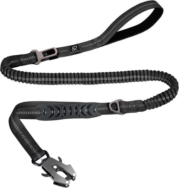 Raipult Tactical Shock Absorbing Bungee Dog Leash Heavy Duty, 4-6ft, Black | for Large Dogs That Pull, Quick-Release Frog Clip, Dual Handles for Close Control, Car Seat Belt Clip, Reflective at Night by RaipultforPaws