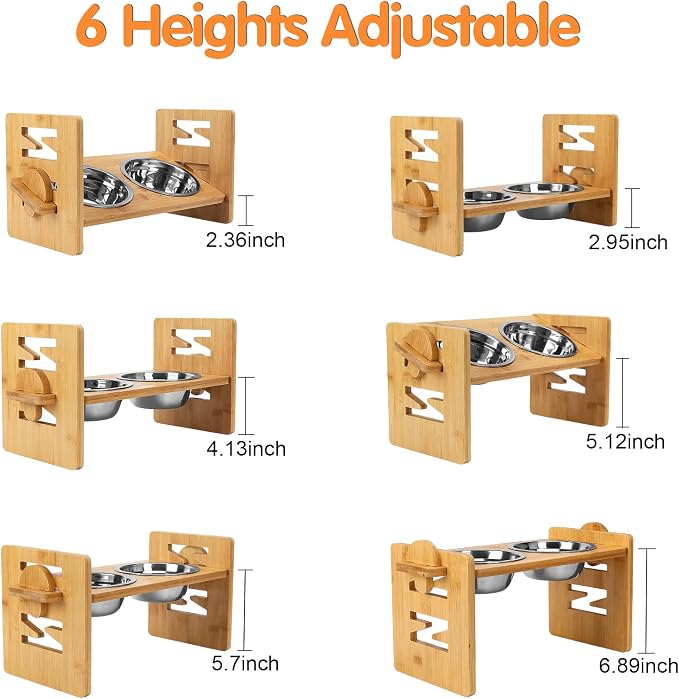 Elevated Dog Bowls, Adjustable Raised Tilted French Bulldog Food Water Bowl, Slanted Bamboo Pet Feeding Station with Stainless Steel Bowl for Small & Medium Dogs, Cat Kitten Flat Faced Puppy Feeder - Image 3