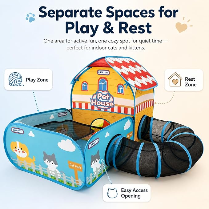 Cute Cartoon Cat Playpen with Tunnel, 3-in-1 Indoor Cat Tent with Separate Rest & Play Zones, Breathable Mesh Covered Top, Foldable Portable Cat Enclosure with Carry Bag - Image 3
