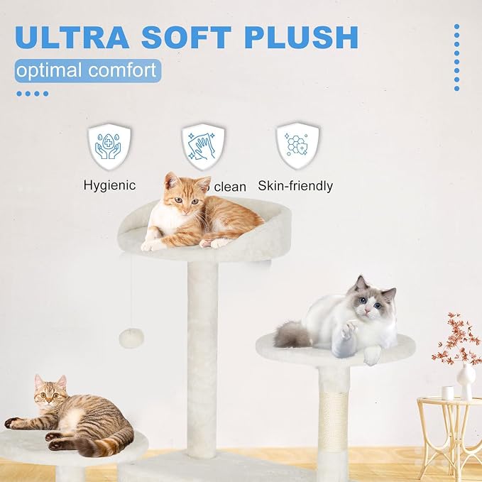 FDW | 62" Cat Tree Tower | Beige | Multi-Level Indoor Activity Center with Sisal Scratching Posts, Condos, Plush Perches, Hanging Cat Toys | Sturdy, Easy to Assemble | for Kittens & Adult Cats - Image 2