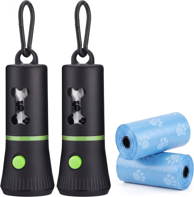 Mudder 2 Pack Dog Poop Bag Holder with Built-in LED Flashlight Black Pet Waste Dispenser for Leash with Clip and 2 Rolls Leak-proof Doggy Waste Bags for Dog Walking by Mudder