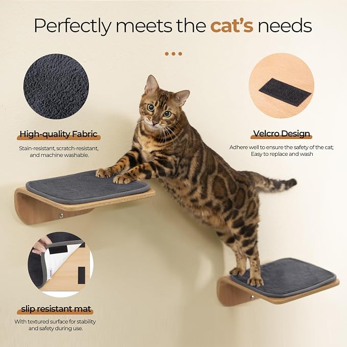 Cat Wall Shelves for Cat Wall Steps, Perch, Ladder, Wooden Floating Modern Mounted Space Saving Furniture with Scratching Cushion Removal Cover for Climbing, Jumping and Sleeping(Steps) - Image 3