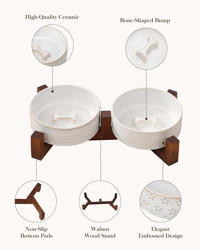 MALACASA Dog Bowl Set, Ceramic Bowls with Walnut Wood Stand, 1.5 Cups | Five-Leaf Grass and Honeycomb Design, Non-Slip Base, for Cats and Dogs, About 26% Heavier than Similar Ceramic Bowls - Image 5