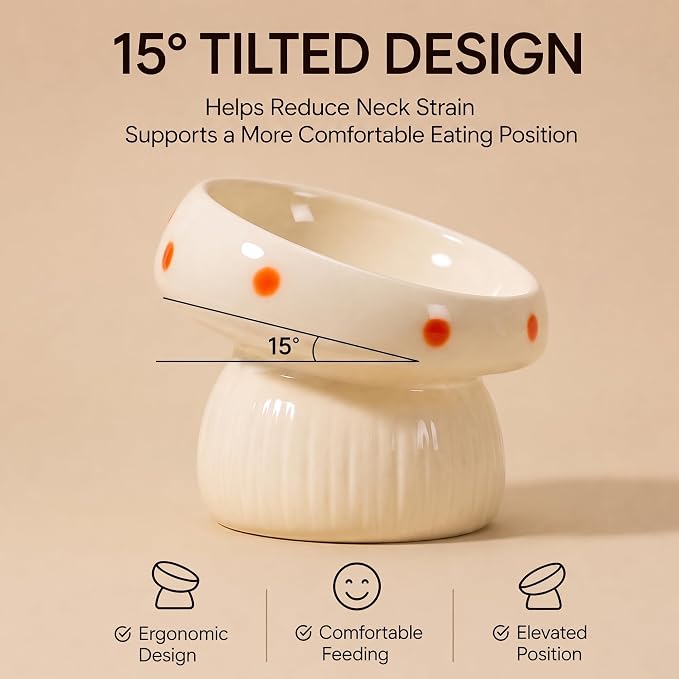 Ceramic ElevatedMushroom Feeding Cat Bowl Whisker Friendly | 15° Tilted,Wide & Shallow, Premium Ceramic - Image 3