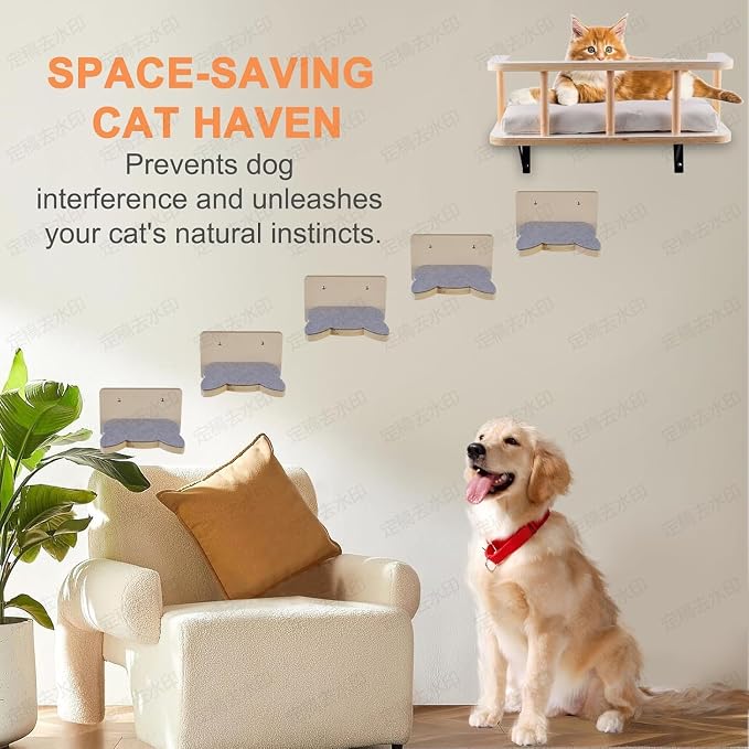 Solid Wood Wall Mounted Cat Steps, Cat Wall Furniture Shelves Stairs Perch(Grey) - Image 3