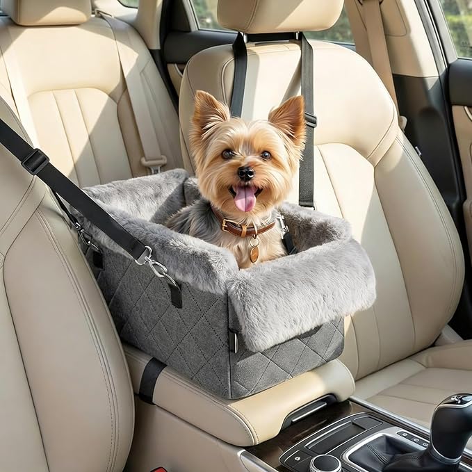 VavoPaw Center Console Dog Car Seat for Small Dogs&Cats Under 12 LBS | Puppy Car Seats with Non-Slip&Strong Support, Anti-Collapse Portable Pet Bed for Puppies with Soft Cushion Safety Belt, Gray by VavoPaw