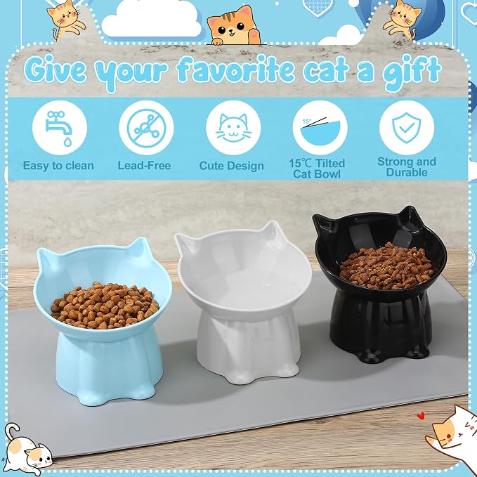 3 Pcs Elevated Cat Bowls 15°Raised Cat Food Bowl with Silicone Mat Blue | Whisker Friendly Anti Vomiting Cats Dishes Pet Food and Water Bowls for Indoor Cats Kittens - Image 4