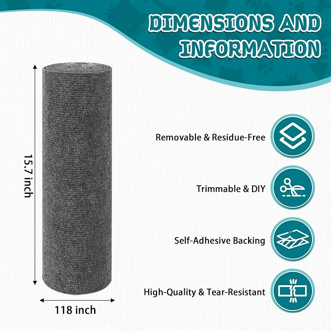 LSGCQ Cat Scratch Mat Self Adhesive Cat Scratch Furniture Protector | Self Adhesive Cat Scratching Mat Replacement for Cat Tree Post Couch Wall Furniture Protector (118" x 15.8", Dark Gray) - Image 2