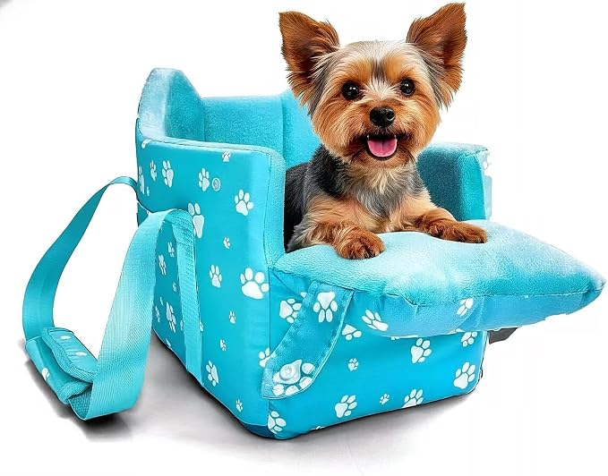 Center Console Dog Car Seat for Small Dogs Under 15lbs,Detachable Washable Booster Pet Car Seat Travel Bed with Storage Pockets and Seat Belt(Blue) by HANMEIANINC