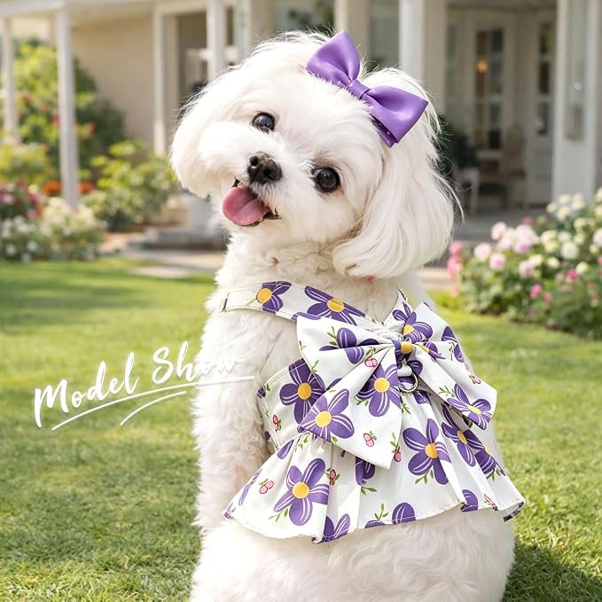 2Pack Small Dog Harness Dress for Girl Puppy Cat Dress with Flower Pattern Bow Adjustable Breathable Lining Back D-Ring Cute Outfits for Small Puppy, Cat Dresses for Cats Only or Dog Girl Clothes - Image 2