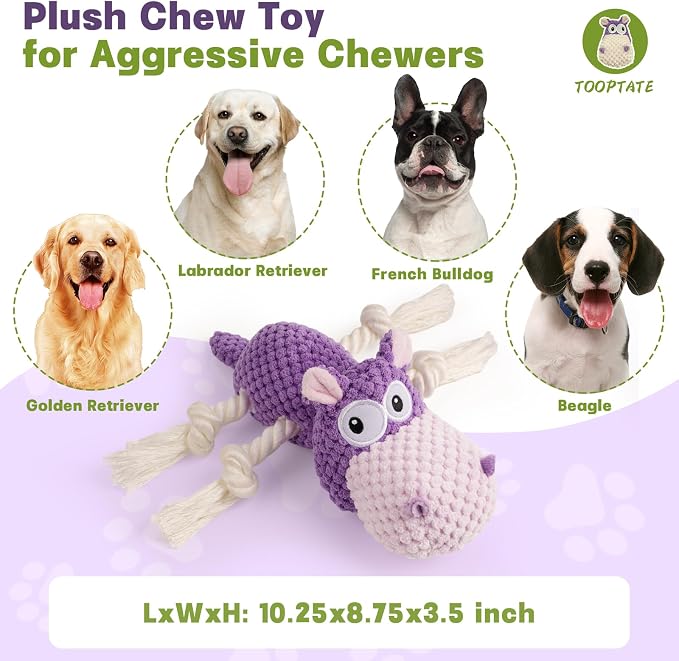 TOOPTATE Hippo Squeaky Dog Toy, Purple, Medium | Cute Plush Design, Rope Legs for Tugging, Helps Keep Dogs Busy, Suitable for Small, Medium, and Large Dogs - Image 3