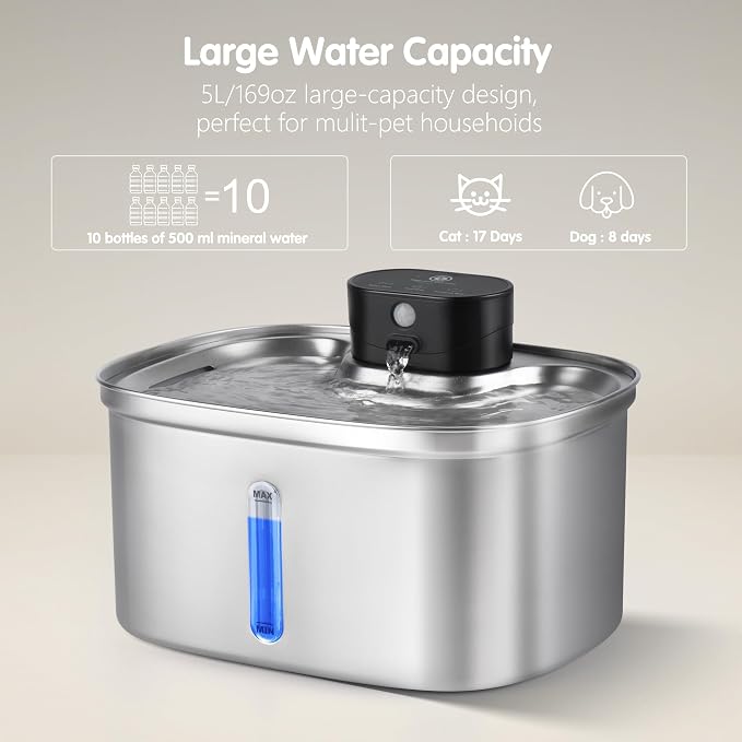 Wireless Cat Water Fountain Stainless Steel, 5L/169oz Automatic Pet Water Dispenser with 5000mAh Battery, 3 Modes (Sensor/Timer/Continuous), Ultra Quiet Pump & 6 Replacement Filters for Cats & Dogs - Image 5