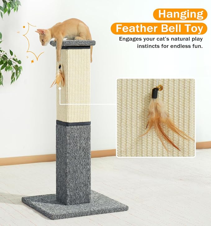 Made4Pets Cat Scratching Post for Indoor Cats, Sisal Carpet Scratcher, 32" | Dual Sisal & Carpet Surfaces, Full-Body Stretching, Stable Base, Hanging Toy for Cats with Different Scratching Preferences - Image 7