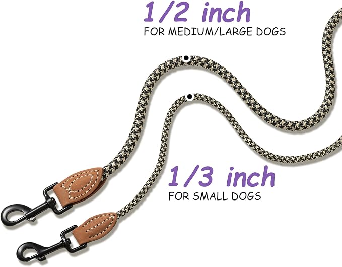 Mile High Life Dog Leash with Genuine Leather-Wrapped Ends, 4/5/6FT | Tangle-Free 360° Swivel Clasp Heavy Duty Rope Leash | Small Medium Large Dogs | Daily Walking (Black Khaki, 72 Inch, 1/3") - Image 3