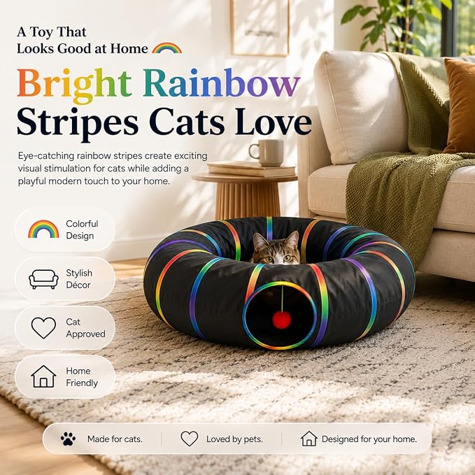 Cat Tunnel Toy with Plush Ball & Cat Wand Feather Toys-Portable Tattaff Waterproof Washable-Interesting Pattern Collapsible Black Rainbow - Image 6