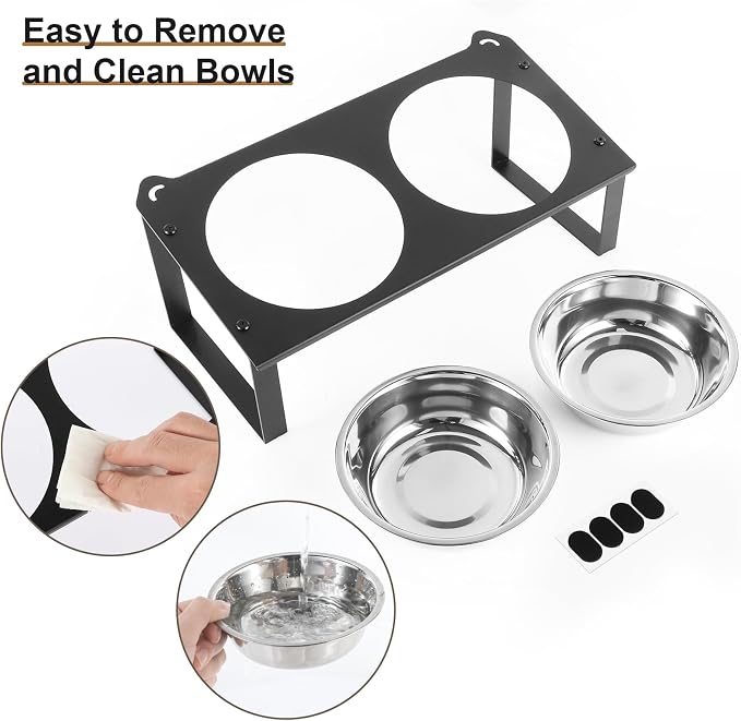 2 Set Elevated Cat Food Water Bowls, 4 Stainless Steel Bowls for Indoor Pet with Cute Metal Stand, 10° Tilted Anti-Vomiting Wide Shallow Raised Cat Dishes Whisker Friendly for Multiple Kitten,Puppy - Image 7