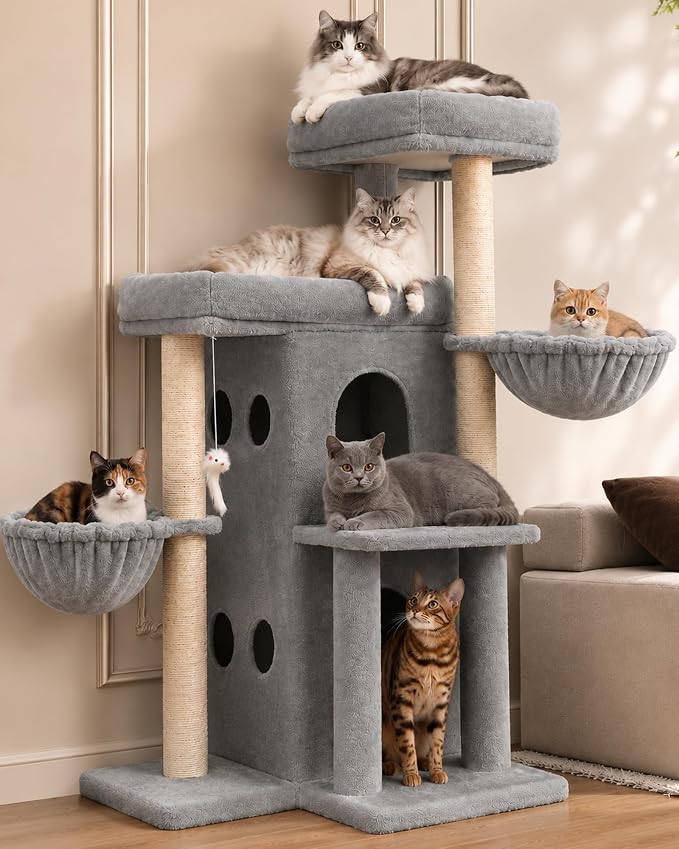 Heybly Cat Tree with Reinforced Big Base, 41.3 in Sturdy Cat Tower HCT075W | Indoor Cat Furniture Featuring 2 Roomy Platforms, Double Condos, 2 Cozy Baskets, Full Sisal Scratching Posts, Light Gray by HEYBLY