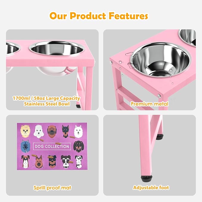 Raised Dog Bowl Stand 10 Inch Tall, Elevated Pet Feeder with 2 Stainless Steel Bowls (1700ml/58oz) & Anti-Spill Silicone Mat for Large Dogs, Stable Metal Frame Feeding Station, Pink - Image 4