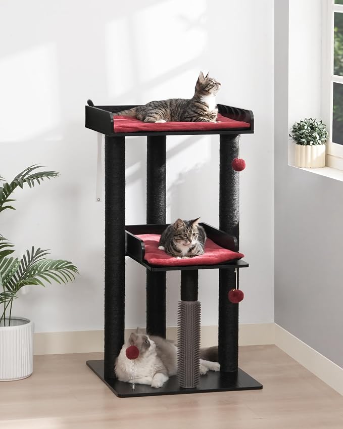 43.7" Modern Cat Tree, Cat Tower for Large Cats, Wood Cat Tree | Maine Coon Cat Tree, Cat Tower with Scratching Post, Large Perch and Removable Pads, Black&Red - Image 3