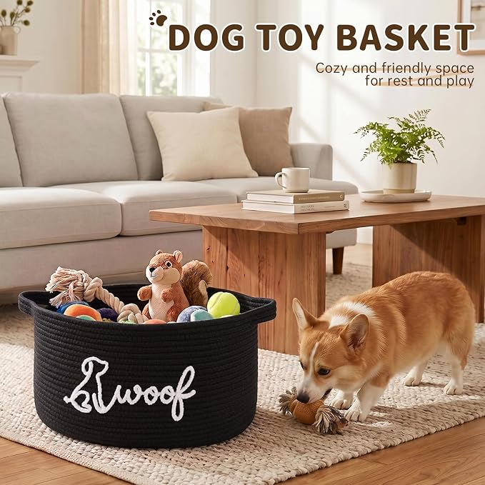 OIAHOMY 22L Large Dog Toy Basket, 16.5"x11.4"x9" Cotton Rope Basket with Cute Woof Embroidery, Soft Woven Pet Toy Box with Handles for Blankets, Leashes & Puppy Accessories, Decorative Organizer Black - Image 2